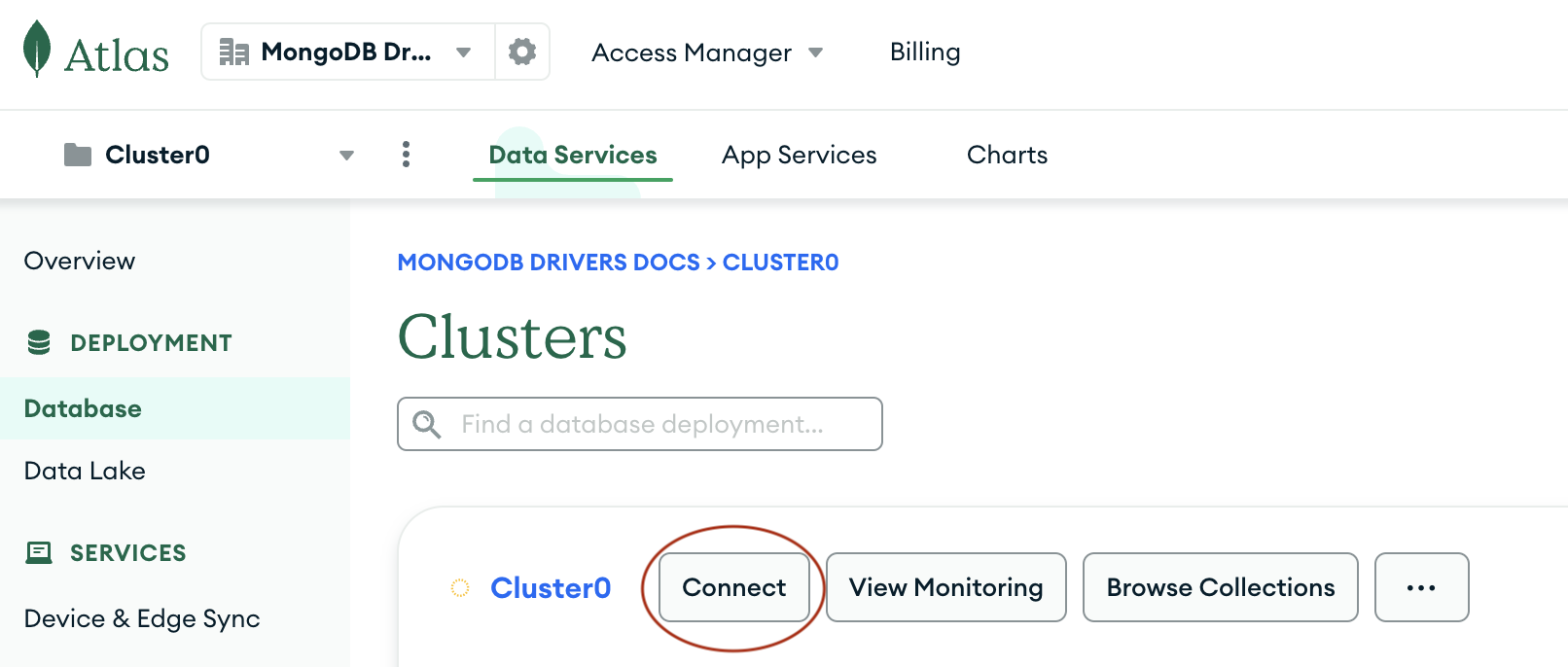 The connect button in the clusters section of the Atlas UI